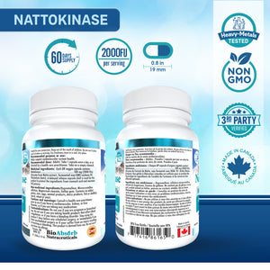 Nattokinase Supplement. Non-GMO Natto Extract Enzyme. 100 mg, 2000 FUs