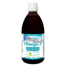 Load image into Gallery viewer, Omega 3 Fish Oil Liquid Supplement. 800 mg EPA, 500 mg DHA. 100 Servings, 500 ml. Non-GMO, Heavy Metal Tested. Natural Lemon Flavour
