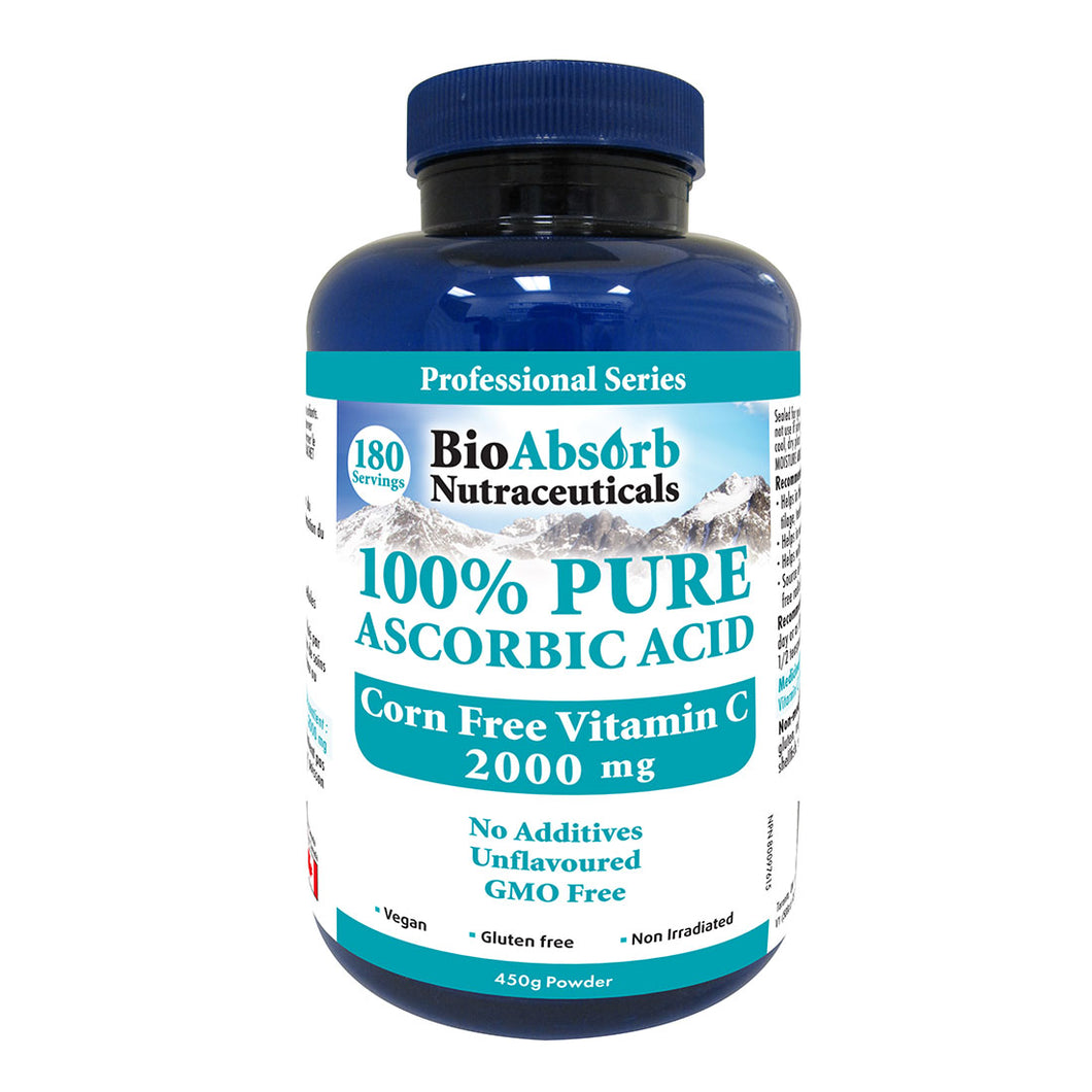 Vitamin C Powder 2000 mg. 100% Pure Ascorbic Acid Crystals. 180-Day Supply, 450 g, Non-GMO, Corn-Free, Unflavoured